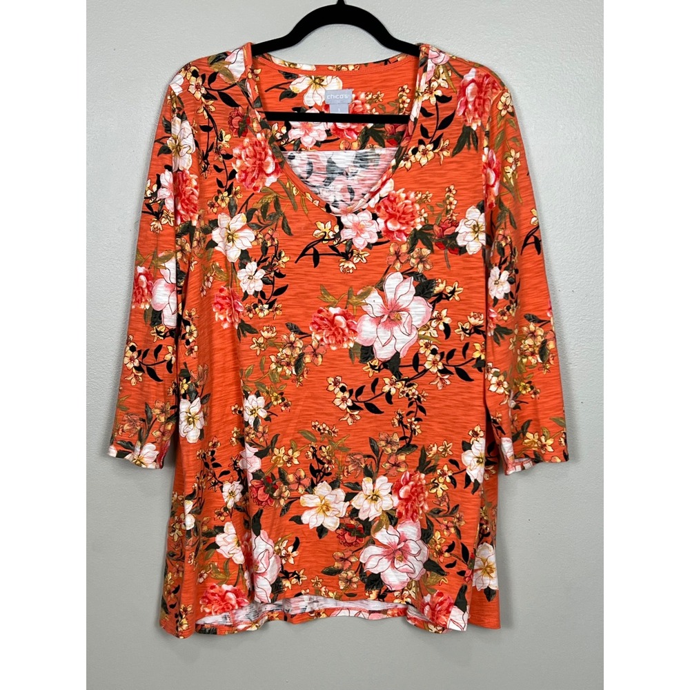 Chico's Orange Floral Slub Knit V-Neck Top 3/4 Sleeve Size 3 XL